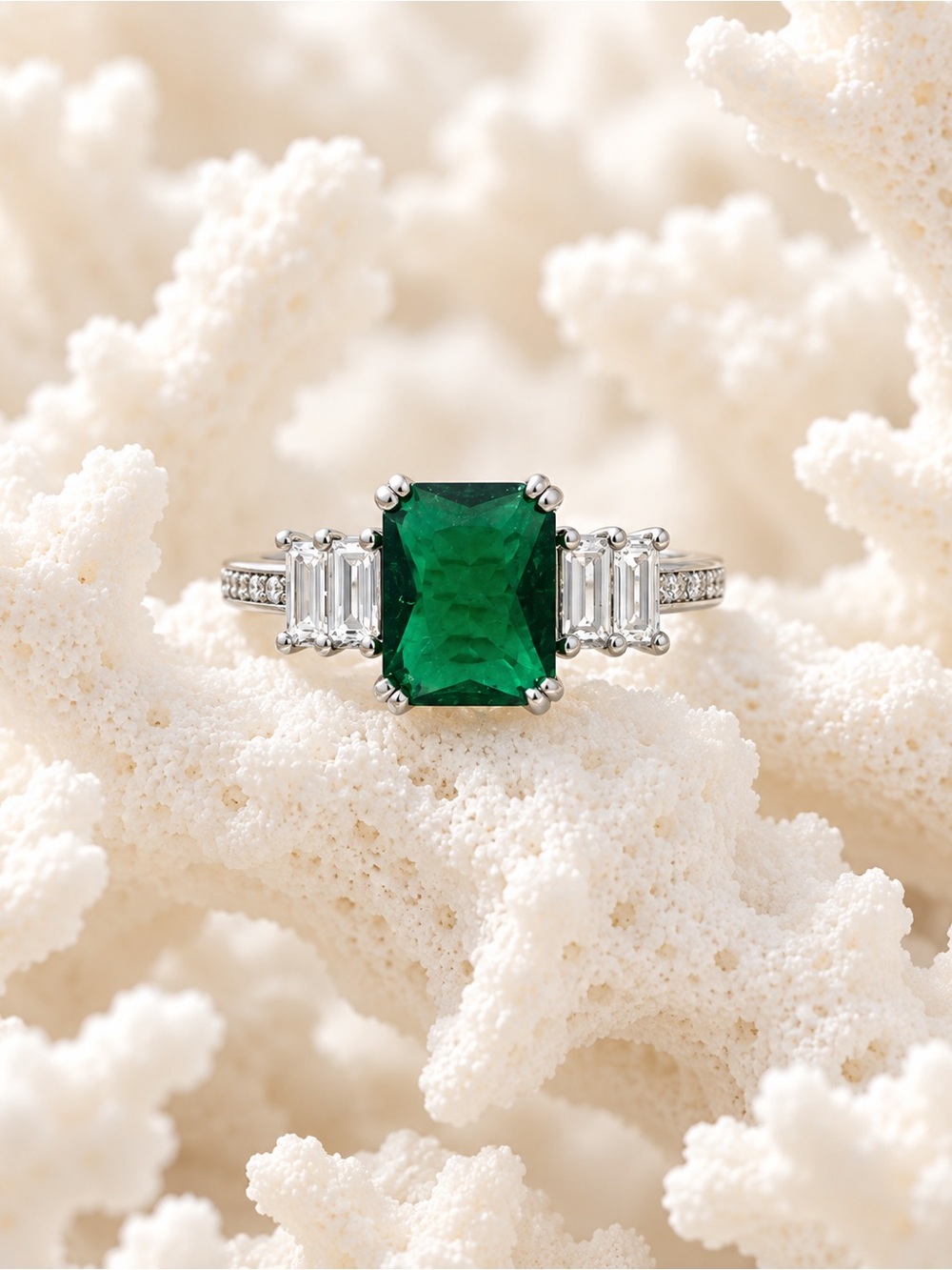 Size 10 Emerald Green Emerald-Cut Ring with Side Stones
